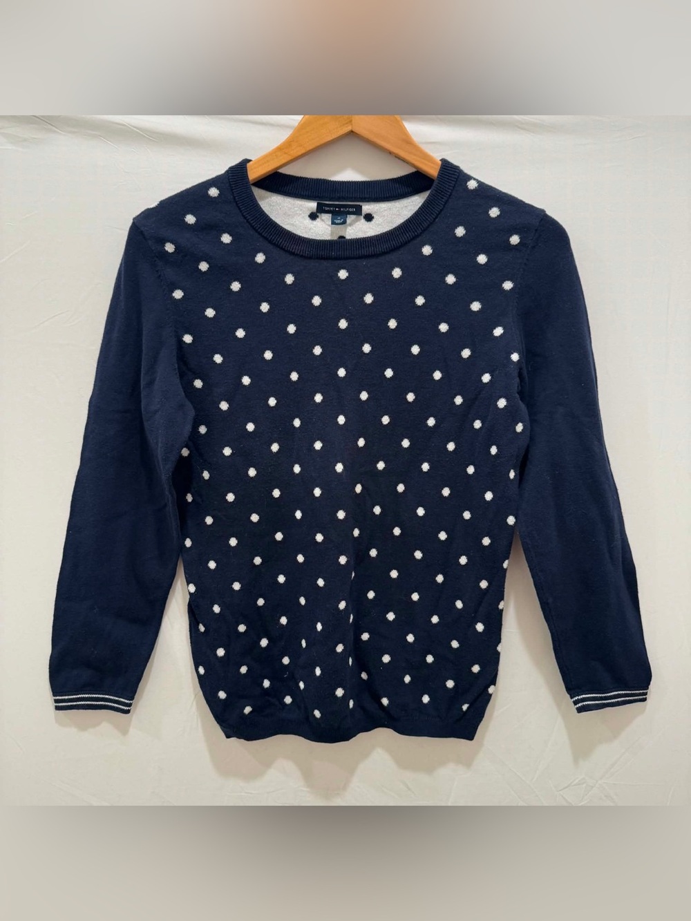 Tommy Hilfiger Women Navy Crewneck Sweater with White Polka Dots Cotton Size M